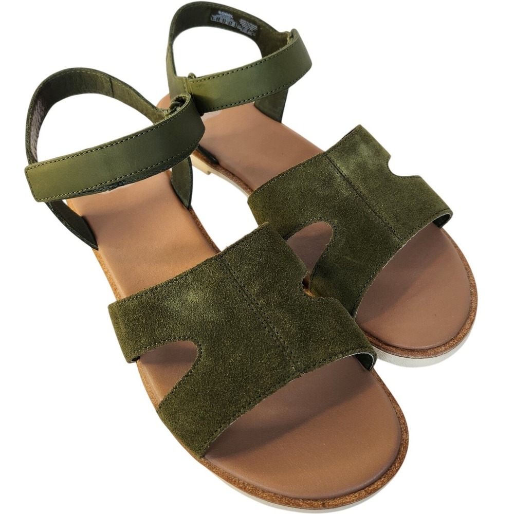 SOREL Suede Leather Sandals Green Flats Ankle Strap Ella III‎ Womens 12 NEW